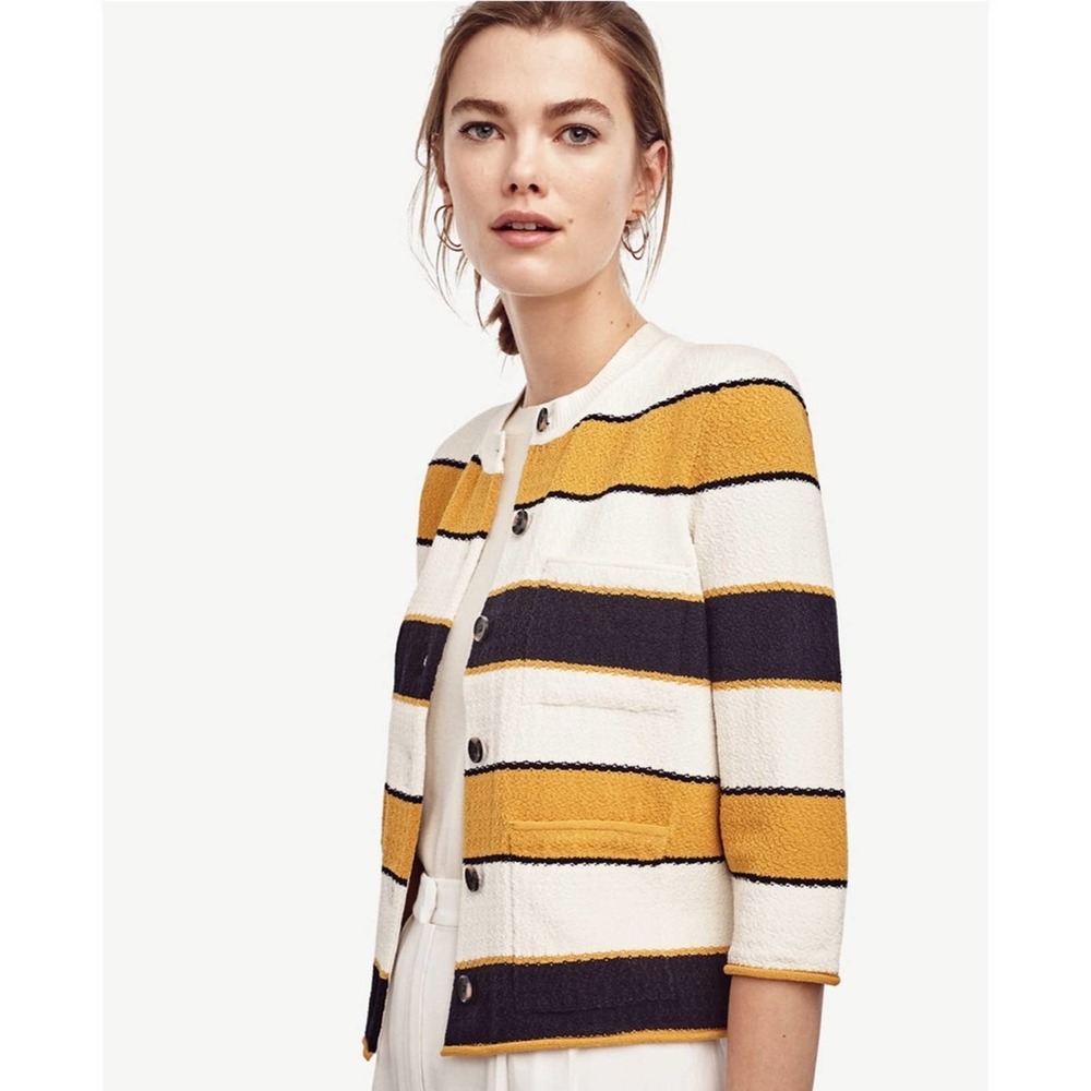 Striped Cotton-Blend Cardigan Jacket in White, Mustard & Navy